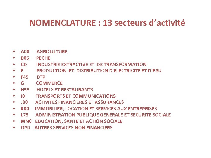 NOMENCLATURE : 13 secteurs d’activité • • • • A 00 AGRICULTURE B 05