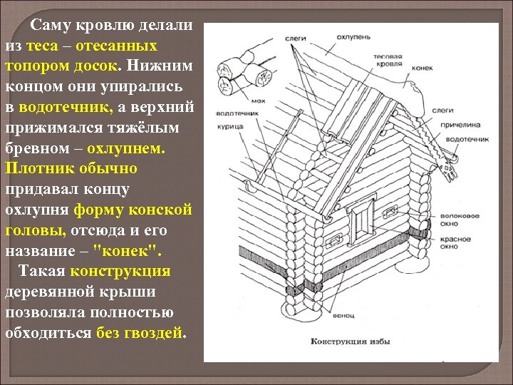  Саму кровлю делали из теса – отесанных топором досок. Нижним концом они упирались