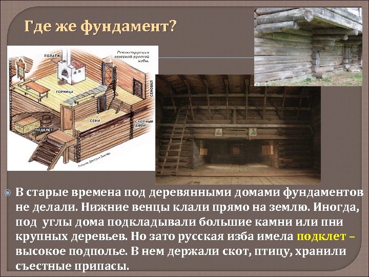 Где же фундамент? В старые времена под деревянными домами фундаментов не делали. Нижние венцы