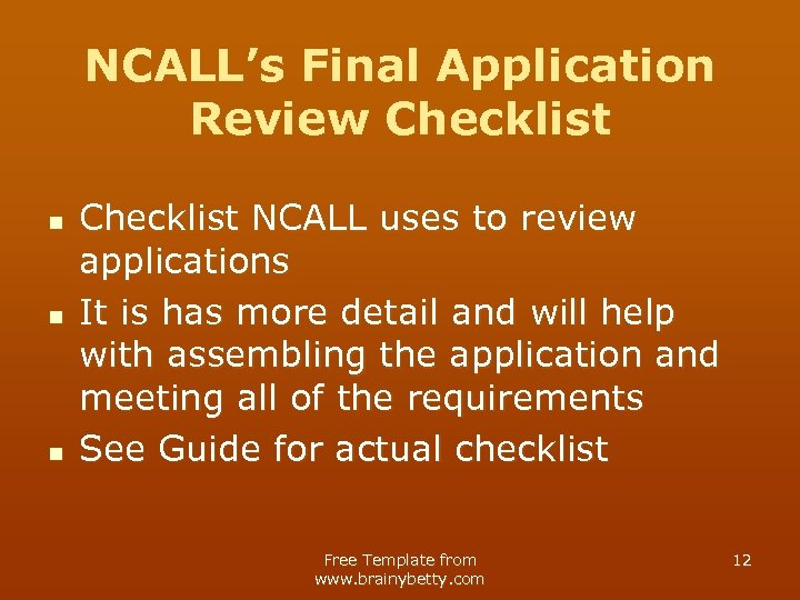 NCALL’s Final Application Review Checklist n n n Checklist NCALL uses to review applications