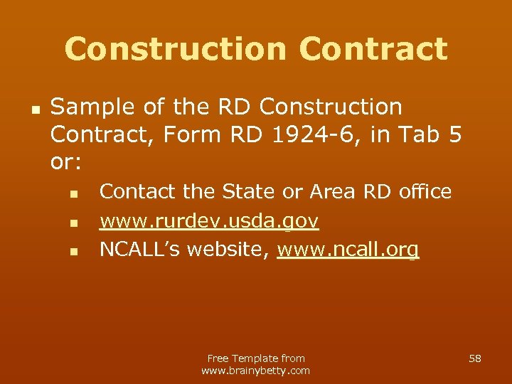 Construction Contract n Sample of the RD Construction Contract, Form RD 1924 -6, in