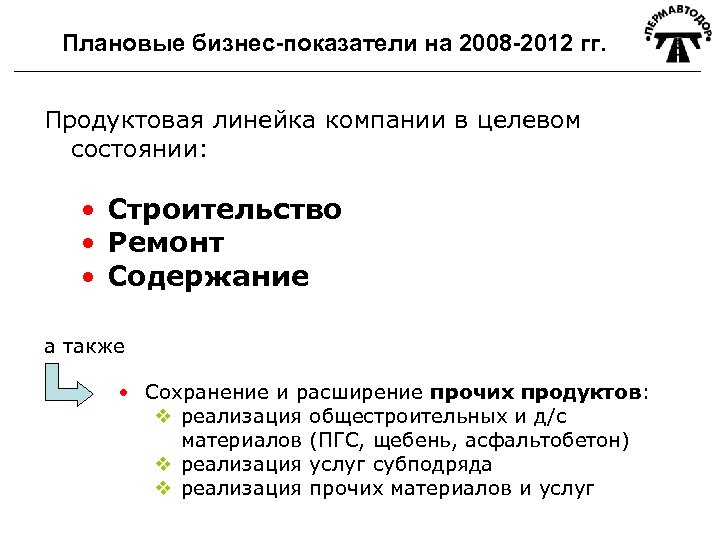 Плановые бизнес-показатели на 2008 -2012 гг. Продуктовая линейка компании в целевом состоянии: • Строительство