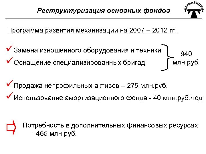 Реструктуризация основных фондов Программа развития механизации на 2007 – 2012 гг. üЗамена изношенного оборудования