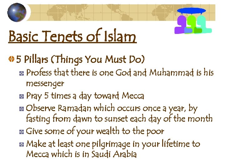 Basic Tenets of Islam 5 Pillars (Things You Must Do) Profess that there is