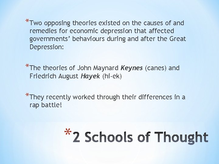 *Two opposing theories existed on the causes of and remedies for economic depression that