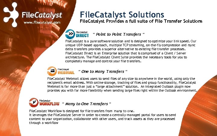 File. Catalyst Solutions www. filecatalyst. com File. Catalyst Provides a full suite of File