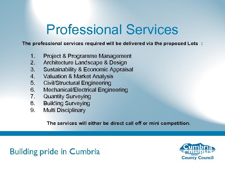 Professional Services The professional services required will be delivered via the proposed Lots :