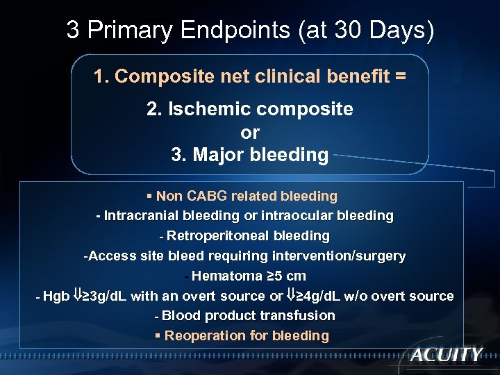 3 Primary Endpoints (at 30 Days) 1. Composite net clinical benefit = 2. Ischemic