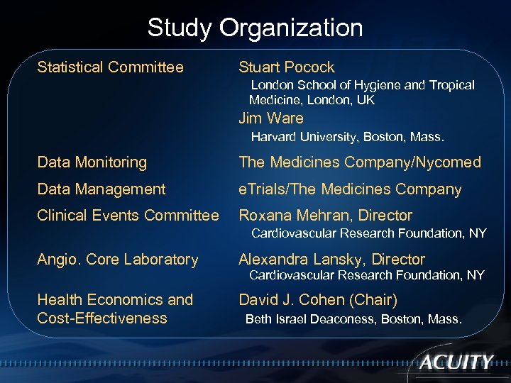 Study Organization Statistical Committee Stuart Pocock London School of Hygiene and Tropical Medicine, London,