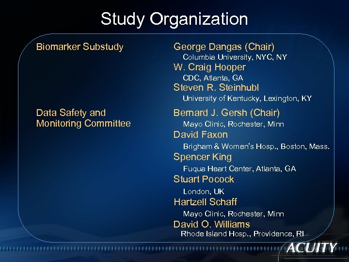 Study Organization Biomarker Substudy George Dangas (Chair) Columbia University, NYC, NY W. Craig Hooper