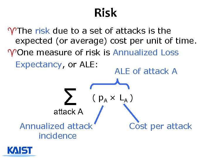 Risk ^The risk due to a set of attacks is the expected (or average)