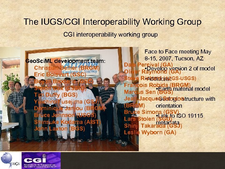 The IUGS/CGI Interoperability Working Group CGI interoperability working group Geo. Sci. ML development team: