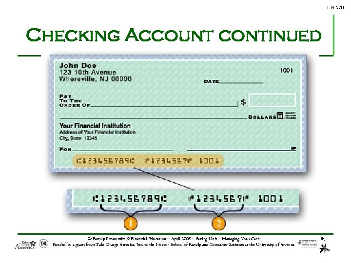 1. 14. 2. G 1 Checking Account continued © Family Economics & Financial Education