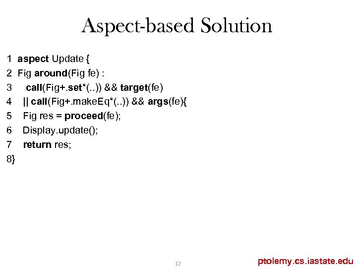 Aspect-based Solution 1 aspect Update { 2 Fig around(Fig fe) : 3 call(Fig+. set*(.