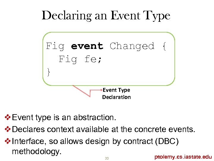 Declaring an Event Type Fig event Changed { Fig fe; } Event Type Declaration