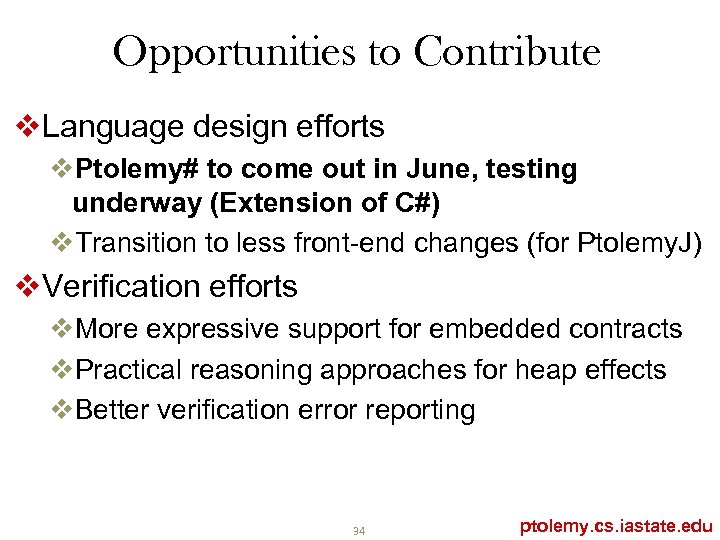 Opportunities to Contribute v. Language design efforts v. Ptolemy# to come out in June,
