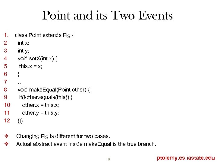 Point and its Two Events 1. class Point extends Fig { 2 int x;