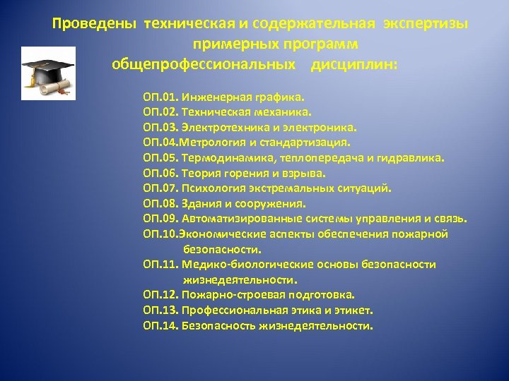 Проведены техническая и содержательная экспертизы примерных программ общепрофессиональных дисциплин: ОП. 01. Инженерная графика. ОП.