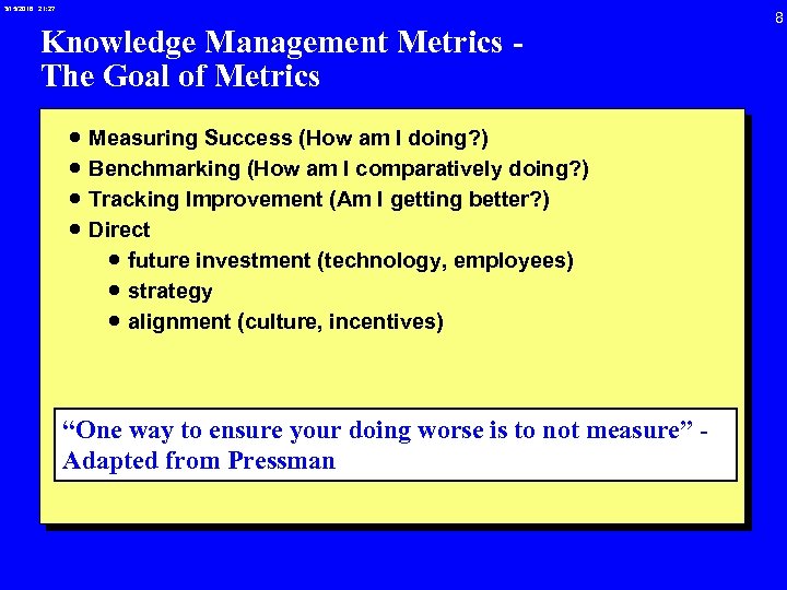 3/15/2018 21: 27 Knowledge Management Metrics The Goal of Metrics · Measuring Success (How
