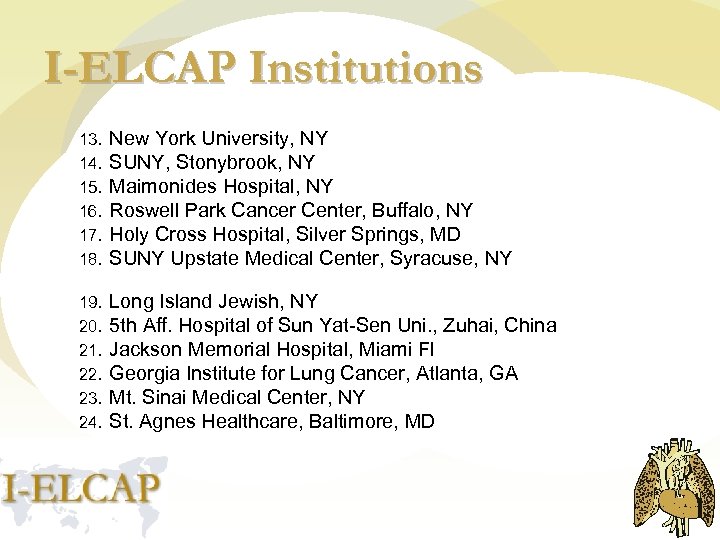 I-ELCAP Institutions 13. 14. 15. 16. 17. 18. New York University, NY SUNY, Stonybrook,