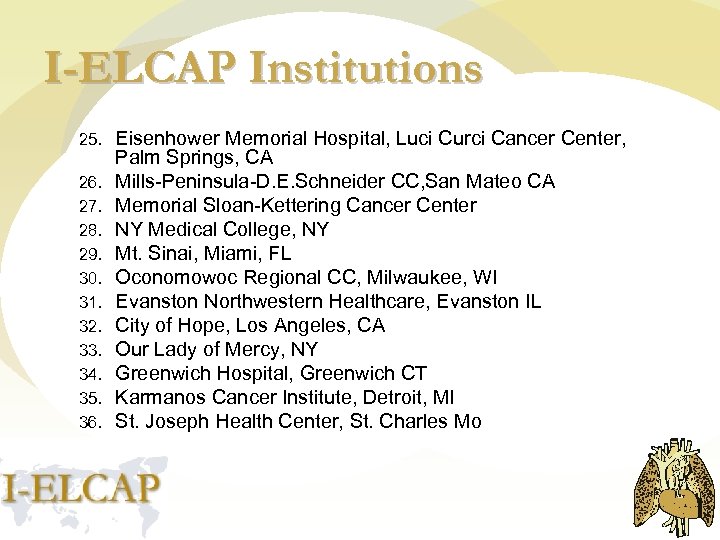 I-ELCAP Institutions 25. 26. 27. 28. 29. 30. 31. 32. 33. 34. 35. 36.