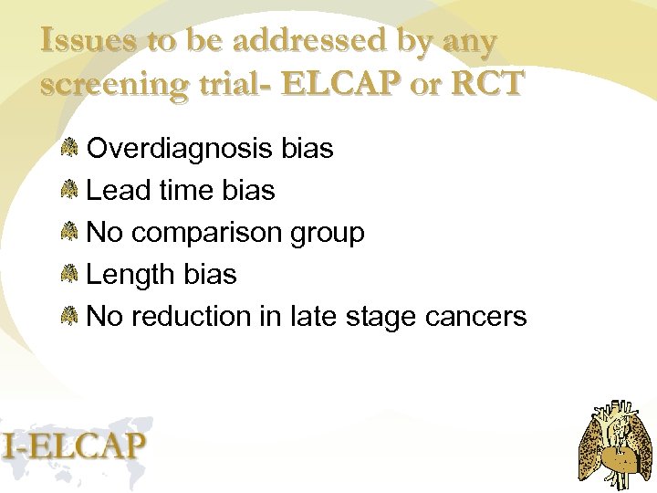 Issues to be addressed by any screening trial- ELCAP or RCT Overdiagnosis bias Lead