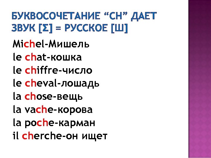 БУКВОСОЧЕТАНИЕ “CH” ДАЕТ ЗВУК [Ʃ] = РУССКОЕ [Ш] Michel-Мишель le chat-кошка le chiffre-число le