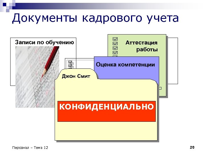 Документы кадрового учета Записи по обучению Аттестация работы Оценка компетенции Джон Смит Competency Assessmen