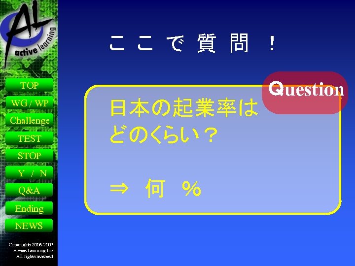 こ こ で 質 問 ！ TOP WG / WP Challenge TEST 　日本の起業率は 　どのくらい？