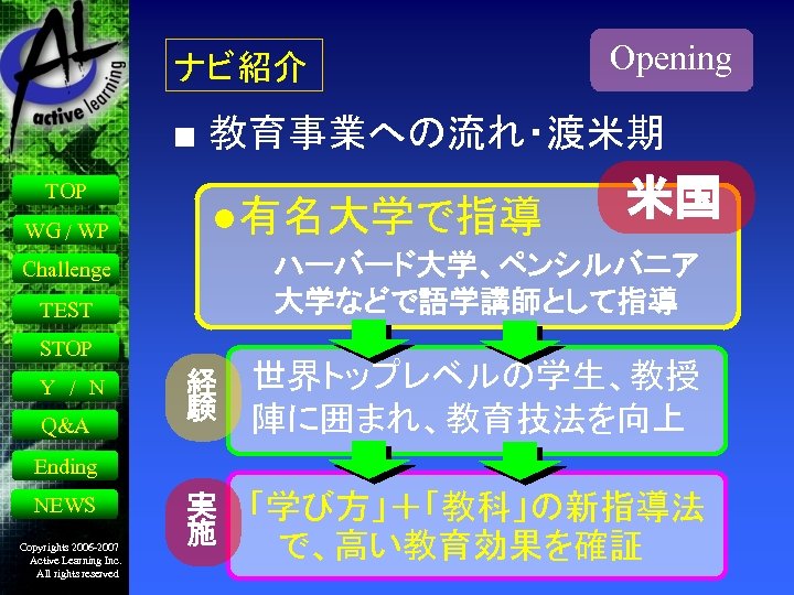 ナビ紹介 Opening ■ 教育事業への流れ・渡米期 TOP WG / WP ●有名大学で指導 ハーバード大学、ペンシルバニア 大学などで語学講師として指導 Challenge TEST STOP