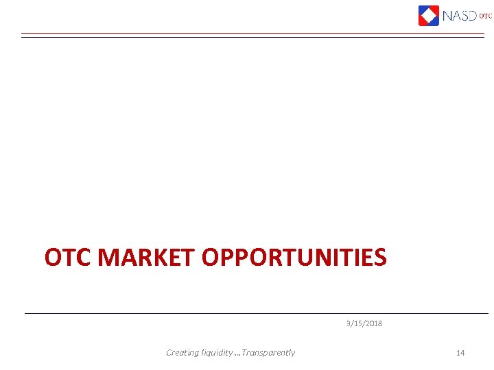 OTC MARKET OPPORTUNITIES 3/15/2018 Creating liquidity …Transparently 14 