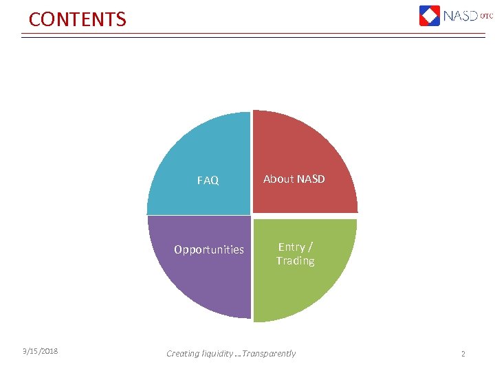 CONTENTS FAQ Opportunities 3/15/2018 About NASD Entry / Trading Creating liquidity …Transparently 2 
