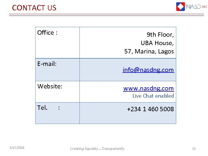 CONTACT US Office : 9 th Floor, UBA House, 57, Marina, Lagos E-mail: Website: