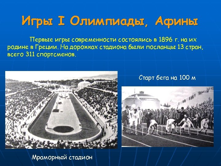 Игры I Олимпиады, Афины Первые игры современности состоялись в 1896 г. на их родине