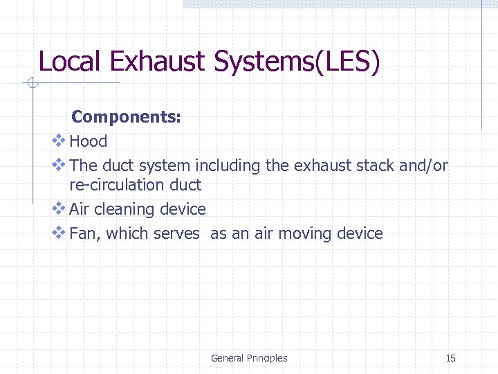 Local Exhaust Systems(LES) Components: v Hood v The duct system including the exhaust stack