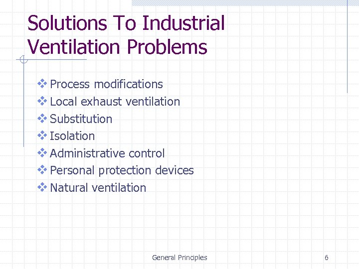 Solutions To Industrial Ventilation Problems v Process modifications v Local exhaust ventilation v Substitution