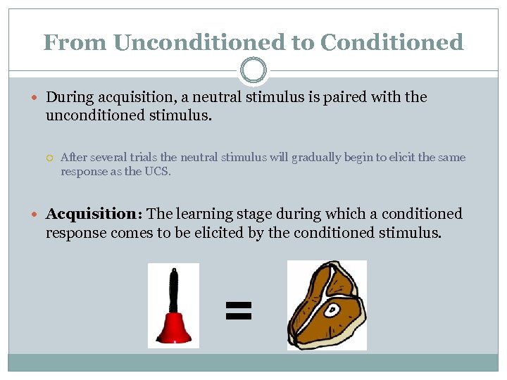 From Unconditioned to Conditioned During acquisition, a neutral stimulus is paired with the unconditioned