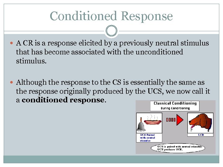 Conditioned Response A CR is a response elicited by a previously neutral stimulus that