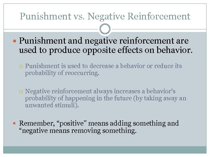 Punishment vs. Negative Reinforcement Punishment and negative reinforcement are used to produce opposite effects