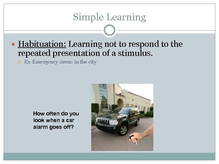 Simple Learning Habituation: Learning not to respond to the repeated presentation of a stimulus.