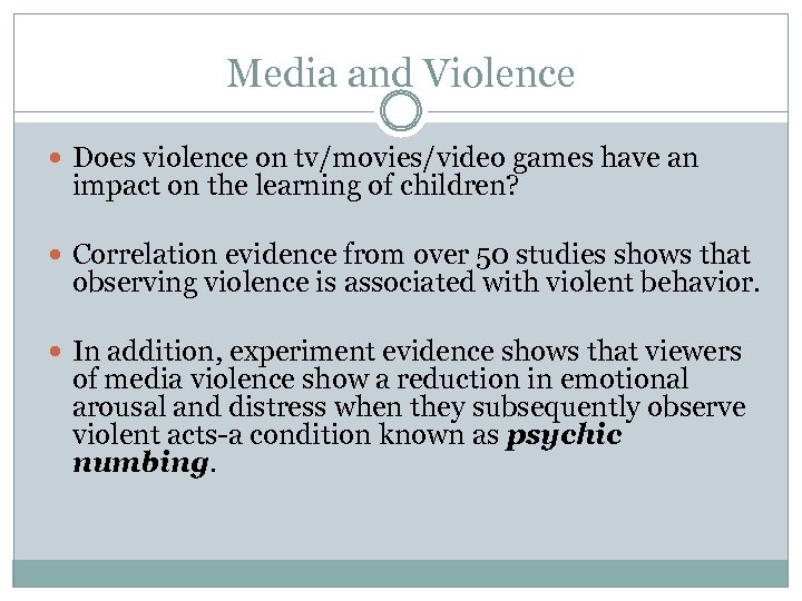 Media and Violence Does violence on tv/movies/video games have an impact on the learning