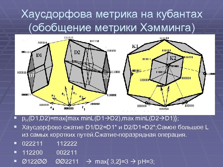 Хаусдорфова метрика на кубантах (обобщение метрики Хэмминга) § р. Н(D 1, D 2)=max{max min.