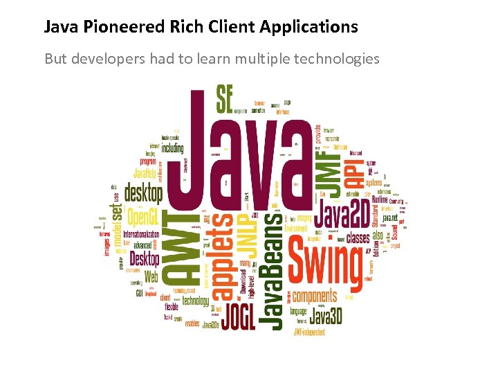 Java Pioneered Rich Client Applications But developers had to learn multiple technologies 