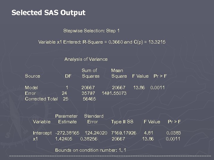 Selected SAS Output Stepwise Selection: Step 1 Variable x 1 Entered: R-Square = 0.