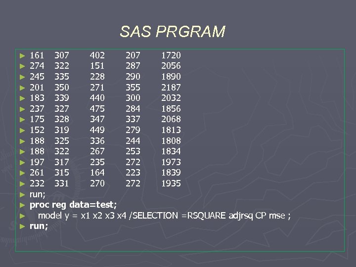 SAS PRGRAM ► ► ► ► ► 161 307 402 207 1720 274 322