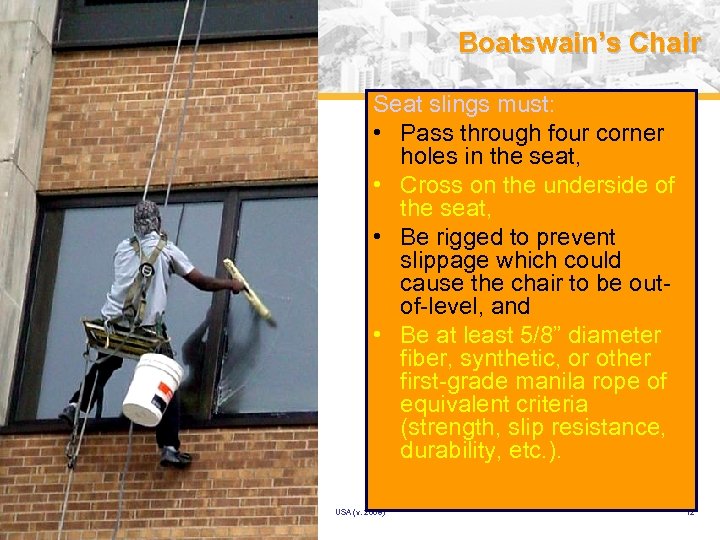 Boatswain’s Chair Seat slings must: • Pass through four corner holes in the seat,
