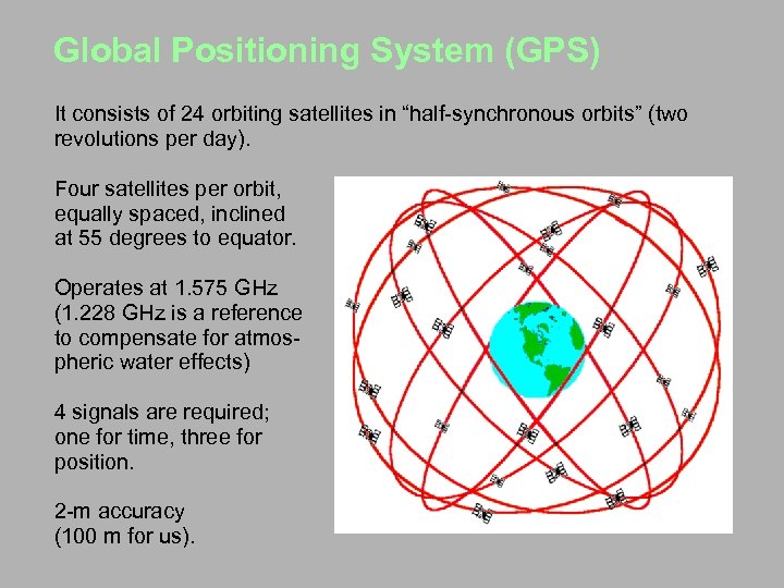 Global Positioning System (GPS) It consists of 24 orbiting satellites in “half-synchronous orbits” (two