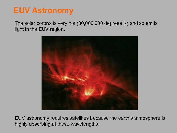 EUV Astronomy The solar corona is very hot (30, 000 degrees K) and so