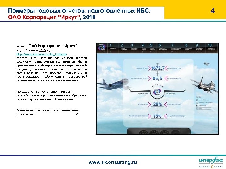 Примеры годовых отчетов, подготовленных ИБС: ОАО Корпорация "Иркут", 2010 Клиент: ОАО Корпорация "Иркут" годовой