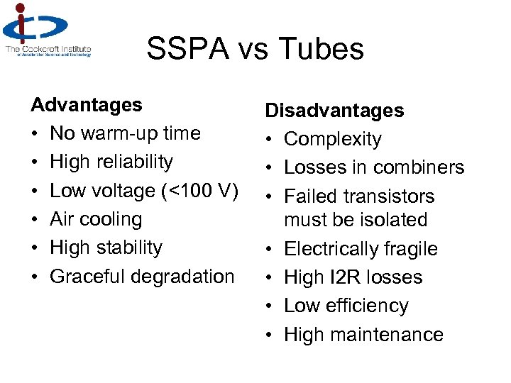 SSPA vs Tubes Advantages • No warm-up time • High reliability • Low voltage